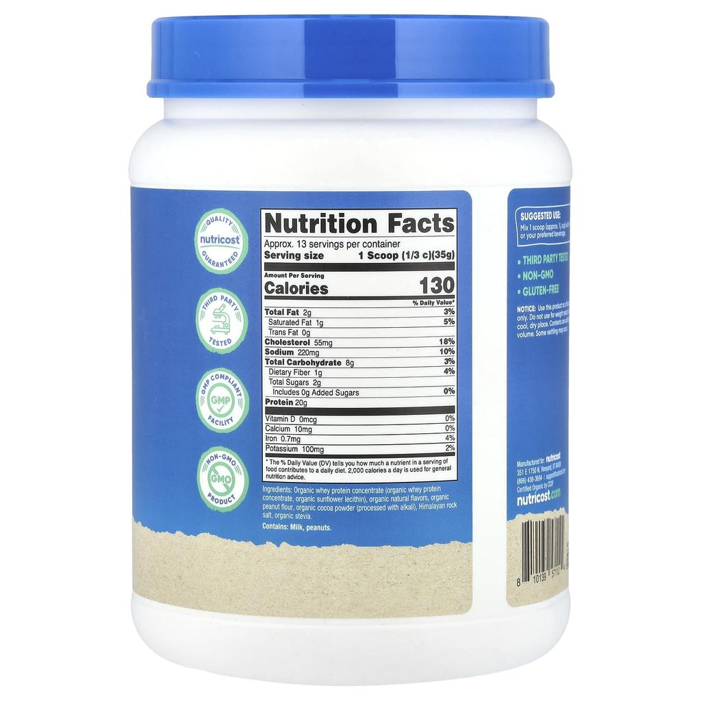 Nutricost Органический сывороточный протеин, Шоколадное арахисовое масло, 1 фунт (454 г)