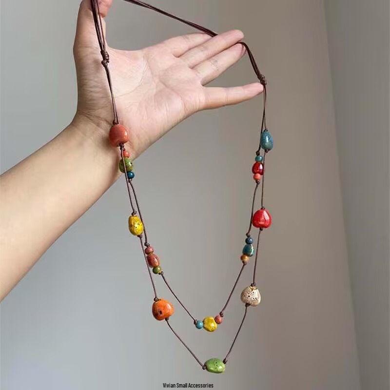 Винтажное богемное этническое ожерелье с подвеской из керамических бусин