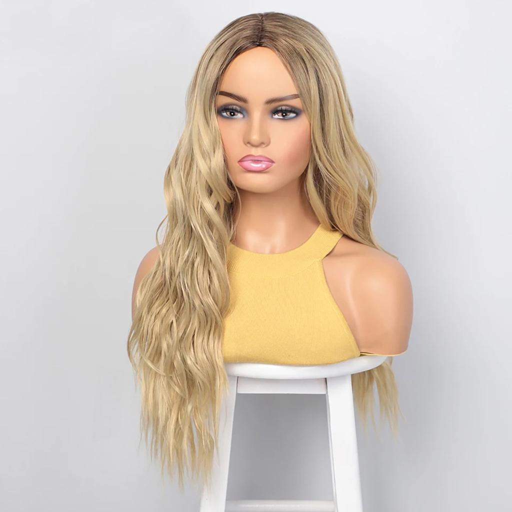 Женские синтетические светлые коричневые парики, длинные вьющиеся волнистые парики с темными корнями, ежедневные натуральные искусственные волосы для косплея, термостойкое волокно