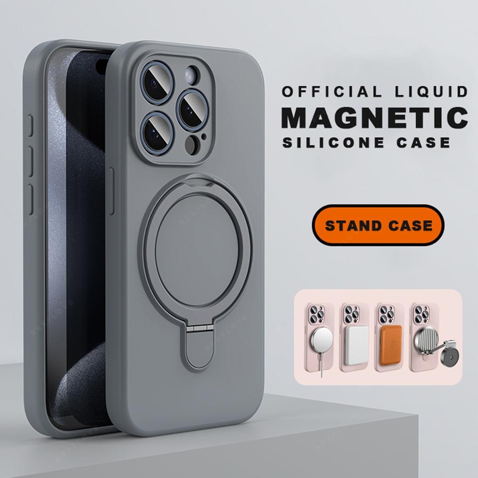 Магнитный Жидкий Силиконовый Чехол-Подставка для Телефона для iPhone 15 14 16 Plus 11 12 13 16 Pro Max с Кольцом-Держателем Magsafe Защитный Мягкий Чехол