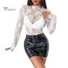 Women Tops Half High Collar Long Sleeve Embroidery Lace Flower Pattern Blouse Perspective Effect Bottoming Tops