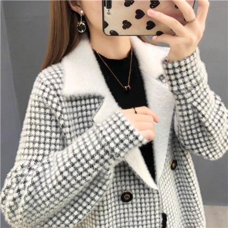 Cashmere Knitted Cardigan Coat Small Double Breasted Plaid Short Coat New Height and Thickness
