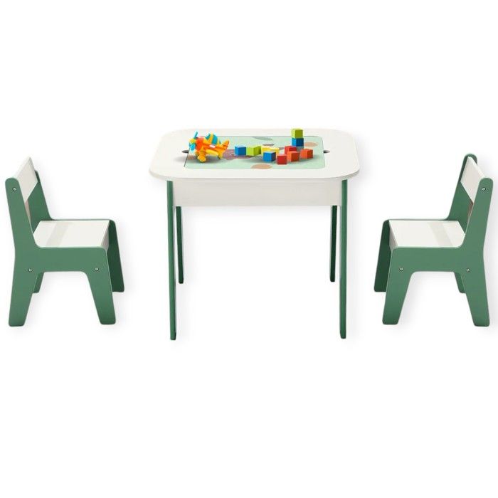 GINGER HOME Table Enfant 4 en 1 avec 2 Chaises – Plateaux Réversibles, Tableau Noir & Blocs type LEGO – Design FOREST