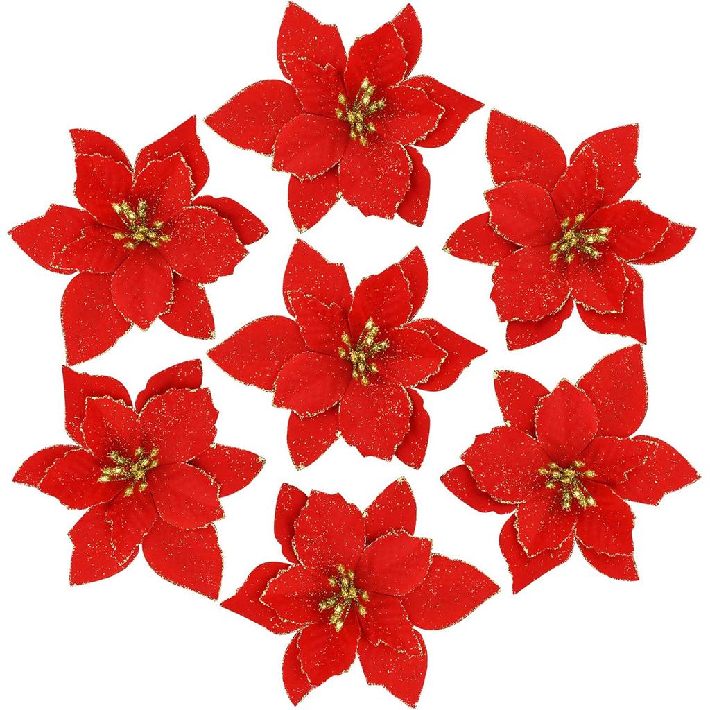 10 шт. Красные блестящие рождественские цветы, искусственная головка цветка пуансеттии, рождественская елка, украшение для дома, Новый год 2025 г.