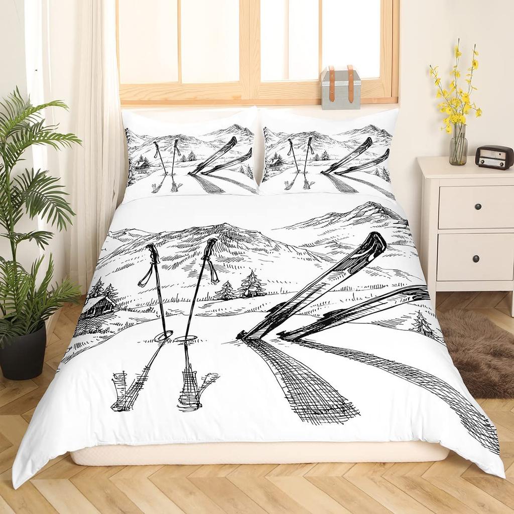 Skiing Sports Duvet Cover Queen Size For Kid Teen Winter Sport Ski Theme Comforter Cover Set Microfiber Snow Mountain Landscape