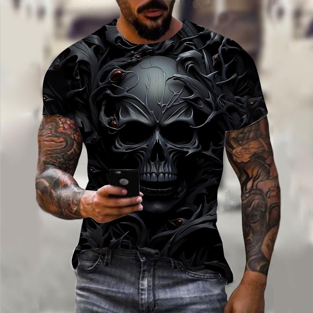 Summer Round Neck 3D Horror Skull Print Top Fashionable Casual Short Sleeved Men's T-shirts