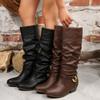 Женские Винтажные Коричневые Длинные Западные Ковбойские Сапоги 2026 Зимний Комфорт Толстый Каблук До Колена Черные Сапоги Металлическая Пряжка Большой Размер 36-43