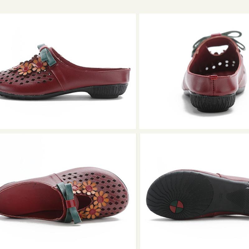 Johnature Тапочки из натуральной кожи с цветочным узором в этническом стиле. Женская обувь на низком каблуке. Полые наружные шлепанцы.