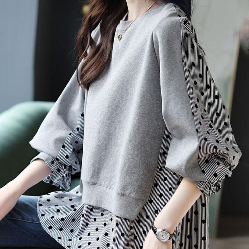 Spring and Autumn Sweatshirt Women Loose Casual Fake Two Piece Long Sleeve T-shirt Bottom Shirt Striped Polka Dot Comfortable Shirt Top