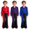 Boys Flamenco Dance Outfit Color Block Turn Down Collar Long Puff Sleeve Pullover Shirt Elastic Waistband Pants Belt