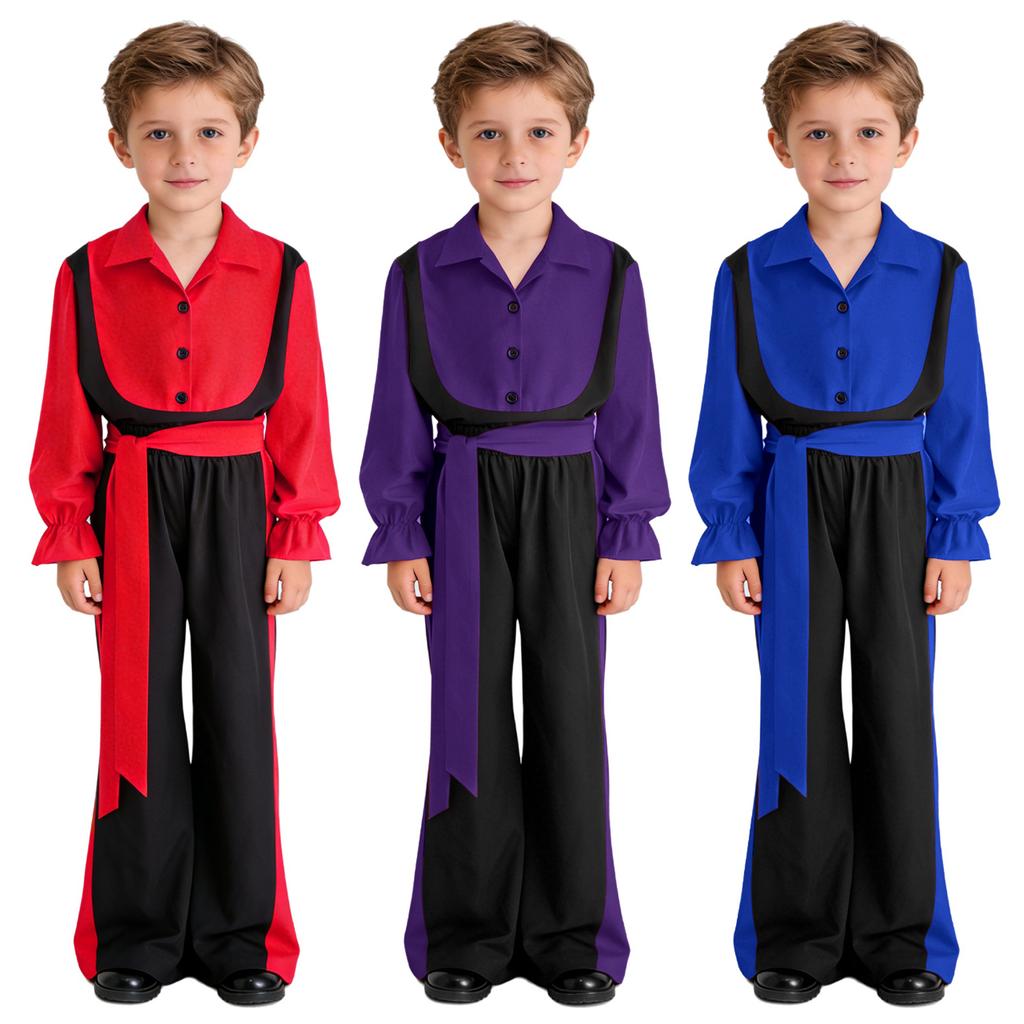 Boys Flamenco Dance Outfit Color Block Turn Down Collar Long Puff Sleeve Pullover Shirt Elastic Waistband Pants Belt