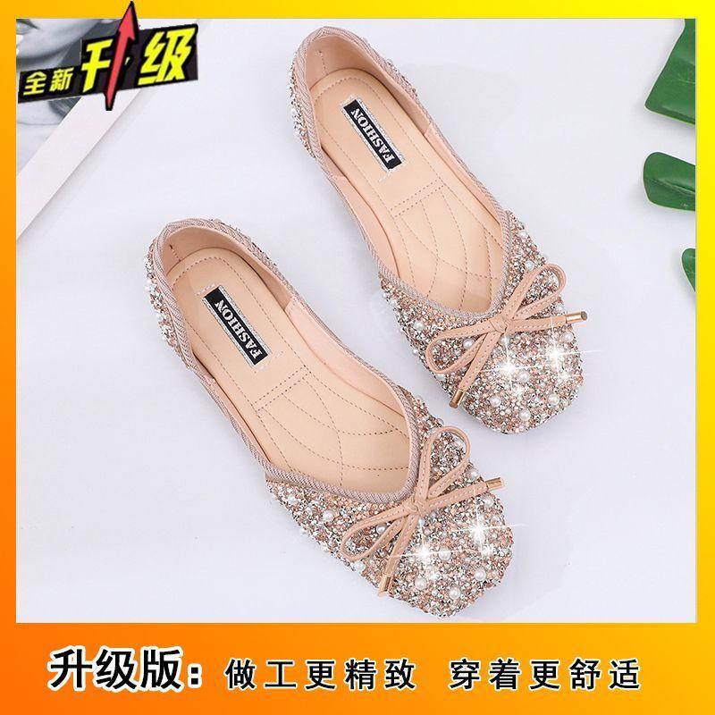 Bow Shallow Mouth Ladyshoes Flat Shoes Women's 2025 Spring and Summer New Rhinestone Single Shoes Women