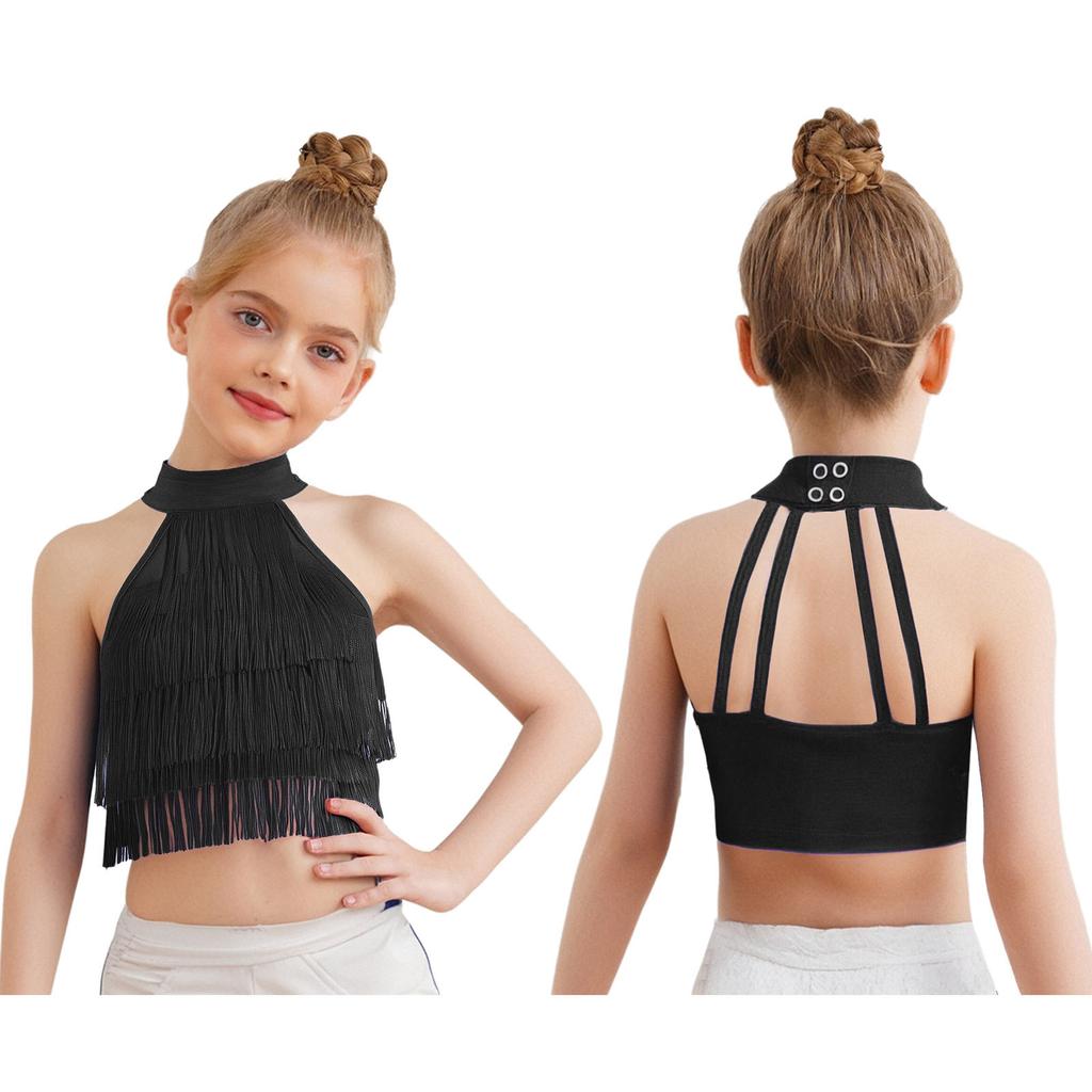 Девочки Сальса Латинские Танцы Укороченный Топ: Безрукавка с бахромой и ремешками на спине с многоярусной бахромой для соревнований