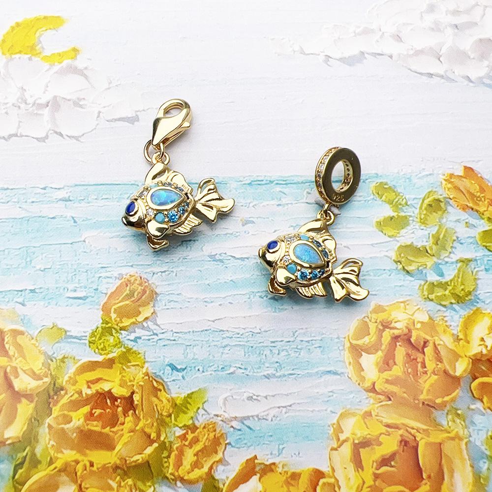 Colourful Fish Gold Plated Pendant Charms DIY Jewelry Summer Cute 100% 925 Silver Gift