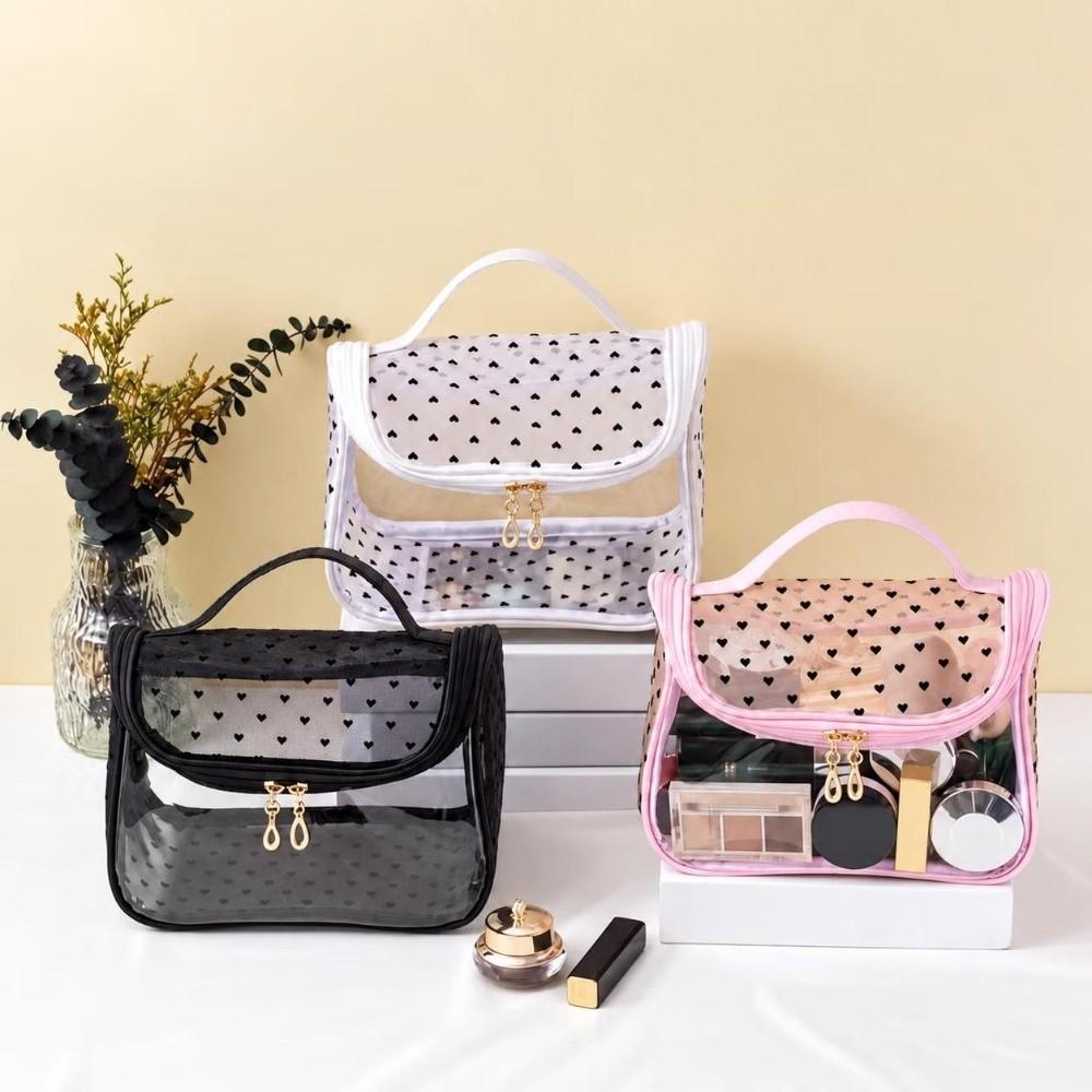 Zippered Travel Cosmetic Bag Heart Shape Mesh Waterproof Cosmetic Bag Daily Travel