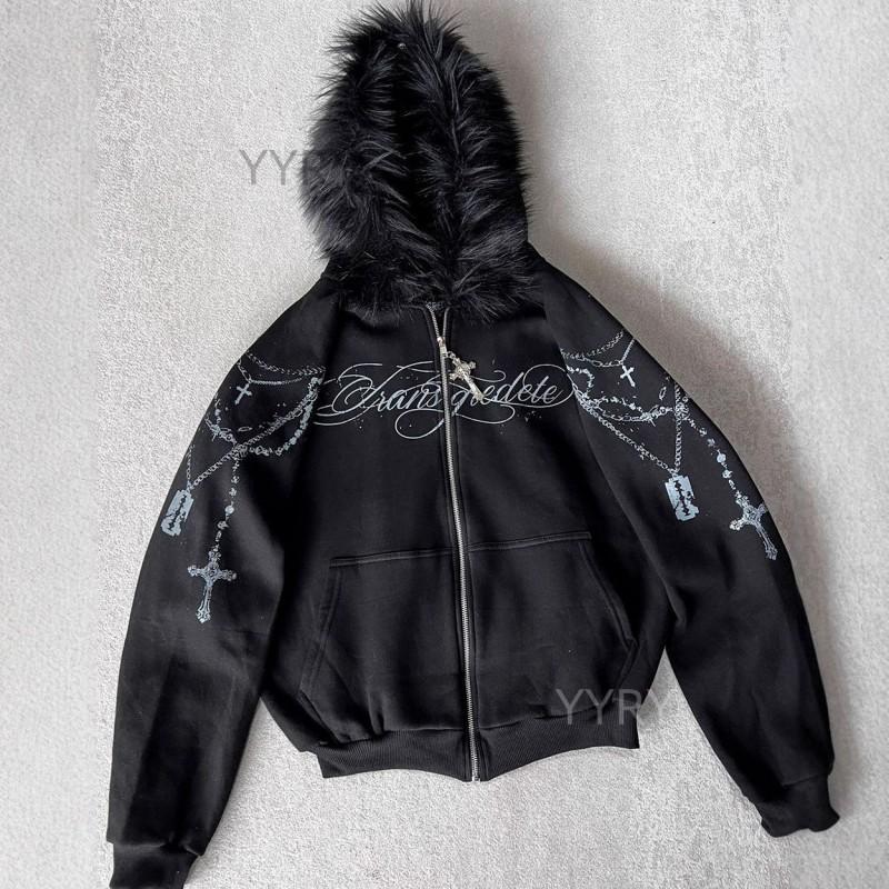 Unisex Hooded Zipper Detachable Fuzzy Hat Print Sweatshirt Pants Set Long Sleeve Loose Fit Hip Hop Style