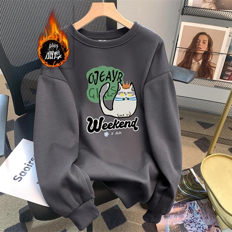 Women's 300g Chinese Cotton Sweatshirt, Cartoon Print, Korean-Style, Loose Fit, Versatile Casual Top for Spring and Autumn