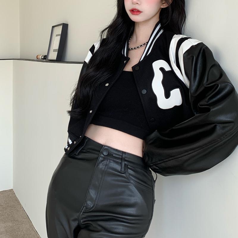 Jackets Women's Bomber Black Coats Leather Baseball Short Coat Y2k Jacket Woman Goth Clothing Streetwear
