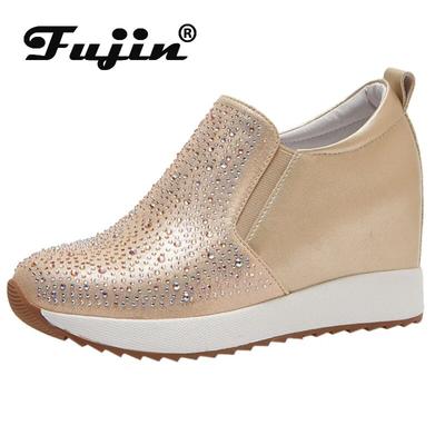 Fujin/7 см синтетические ботинки, женские туфли-лодочки из натуральной кожи с блестящими стразами, осенне-весенние пикантные модные ботильоны на платформе, ботинки на танкетке