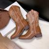 Boots Women's Autumn and Winter Retro Embroidered Western Cowboy Boots Women's V-Mouth Thick Heel Medium Boots Maillard Brown Knight Boots