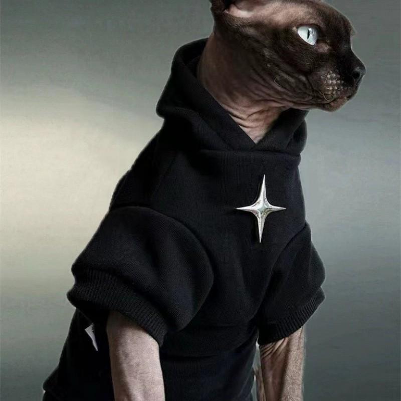 Pet Sweatshirt Hairless Cats Winter Warm Hoodie Black Blue Iron Cross Design Casual Unisex Size XS To XL