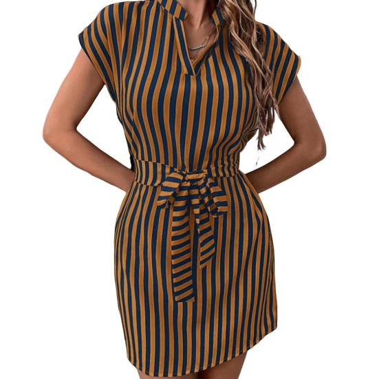 V-neck Sleeveless Waist Tight Ties Short Dress Vertical Striped Print Office Vacation Dress