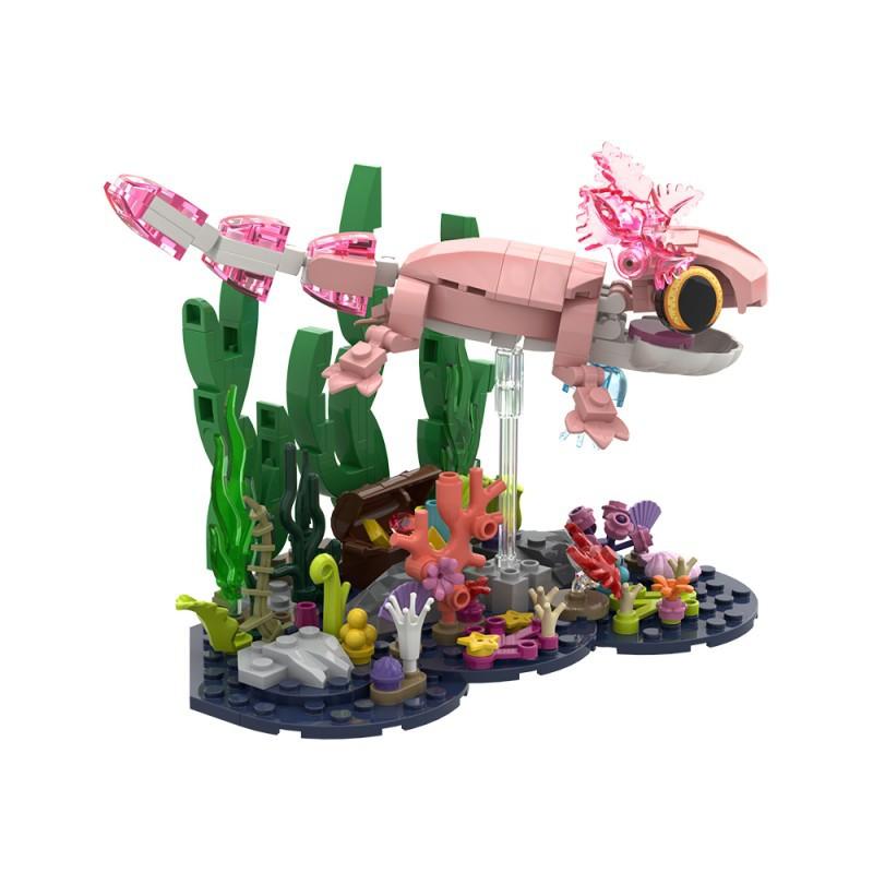 MOC Pixel World Axolotl Building Blocks Mexican Pink Leucistic Water Dragon Animal Model Kit with Feathery Gills Toy Gift