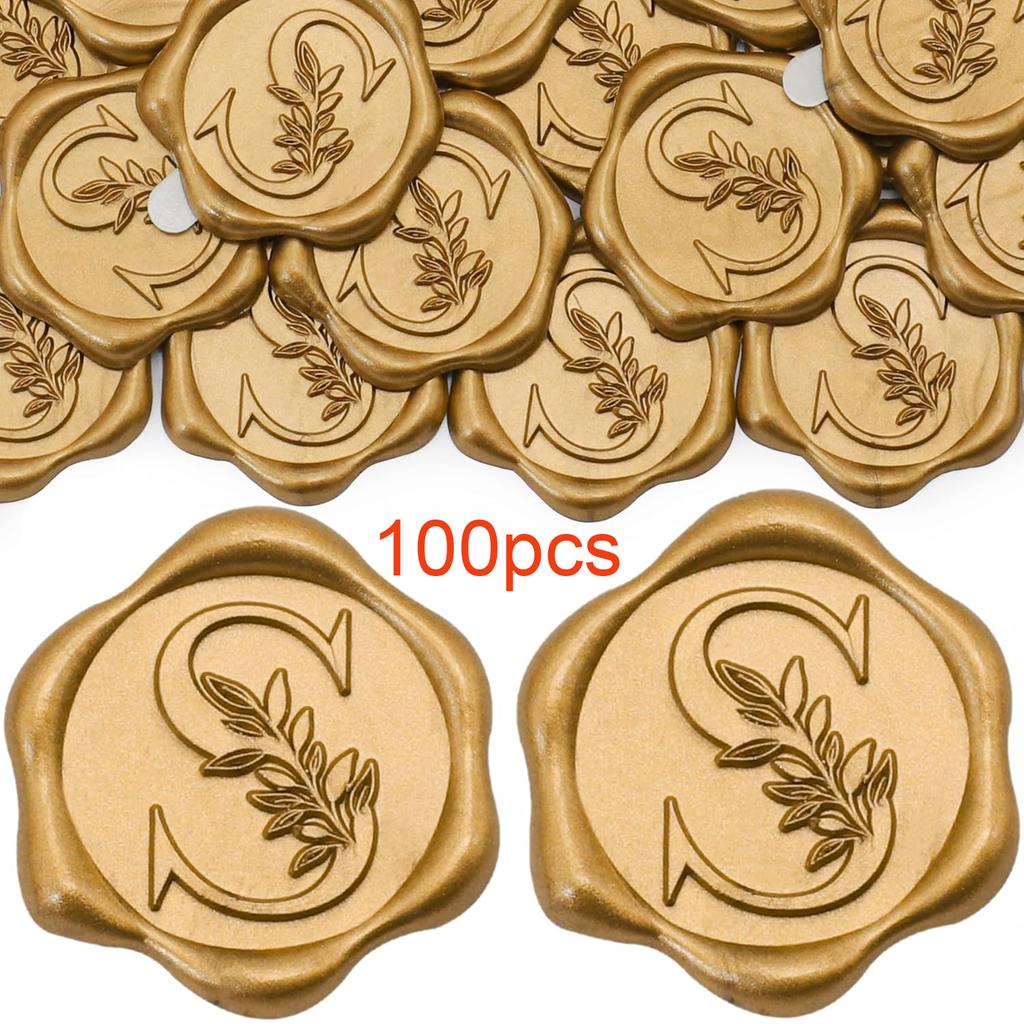 100 Pack Letter S Wax Seal Stickers - Antique Gold Botanical Leaves Initial Alphabet Self-Adhesive Wax Stickers for Wedding Part