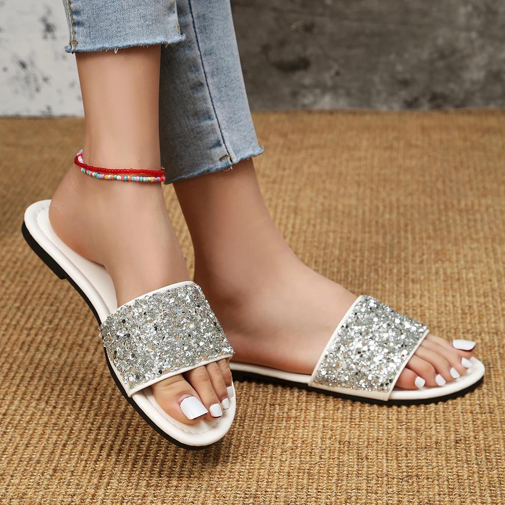 35-43 Большие тапочки 2024 Женские Новые Круглые Головки Роскошные Водные Алмазные Женские Туфли Нескользящие ПУ Пляжные Платье Тапочки