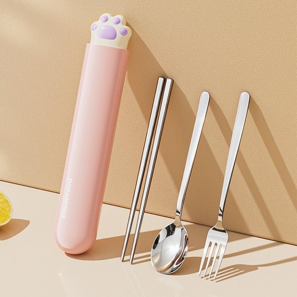 Cat Paw Spoon Fork Chopsticks Set Portable Travel Tableware Set Stainless Steel Cutlery Set  Travel