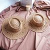 French Retro Hollowed-Out Flower Color Woven Flat-Top Straw Hat Trendy Girl Summer Vacation Top Hat Japanese Sun Top Hat