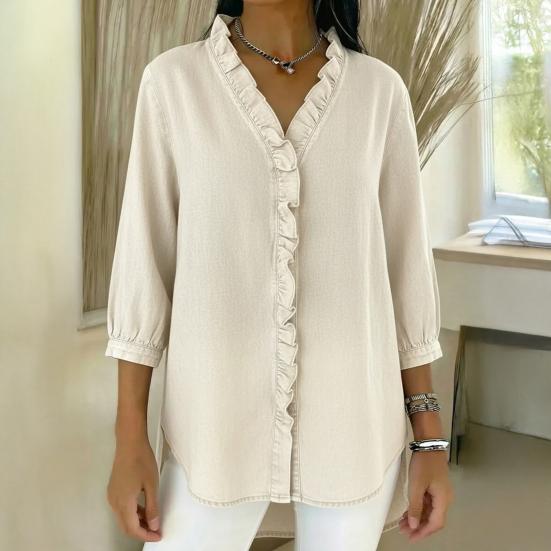 Женские Топы с V-образным вырезом, 3/4 Рукава, с Отделкой Воланами, Свободного Кроя, Однотонные, Повседневные, Рубашки под Джинсу, Для Повседневной Носки