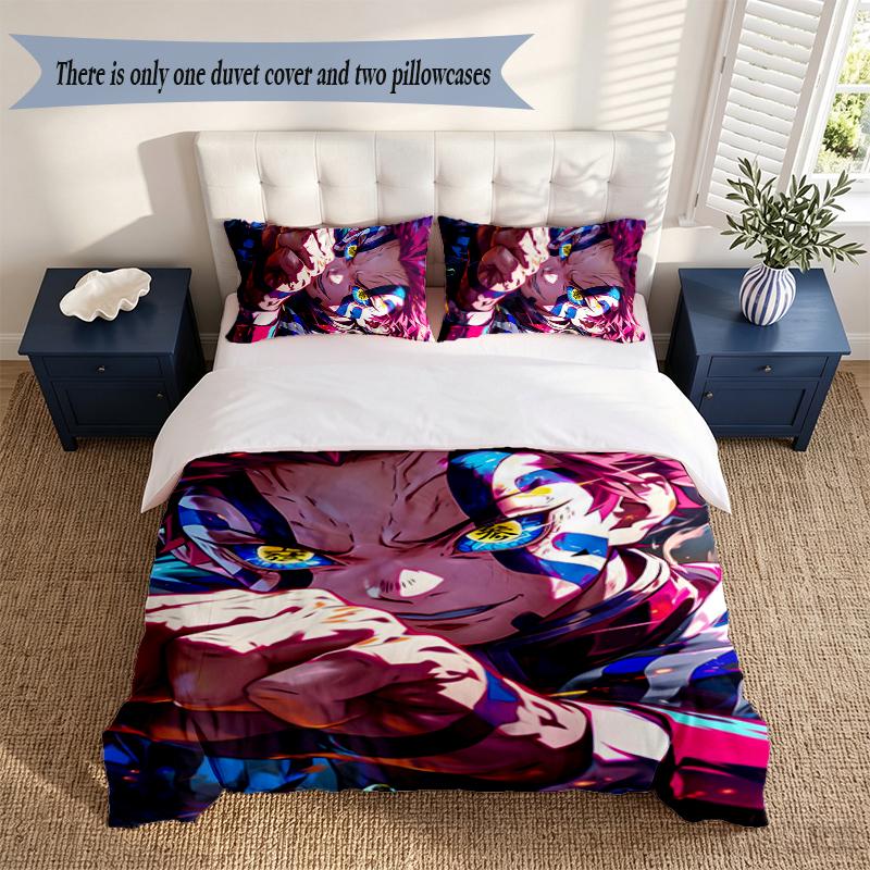 Demon Slayer 3‑Piece Bedding Set Soft Microfiber Duvet Cover Pillowcases Comfortable Bed Linen for Bedroom Decoration