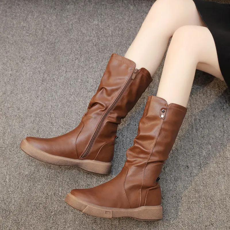 Round Toe Women's Half High Boots Elegant With Low Heels New In Ladies Mid Calf Shoes Boot Work Demi-season Chic Quality 2024 Pu