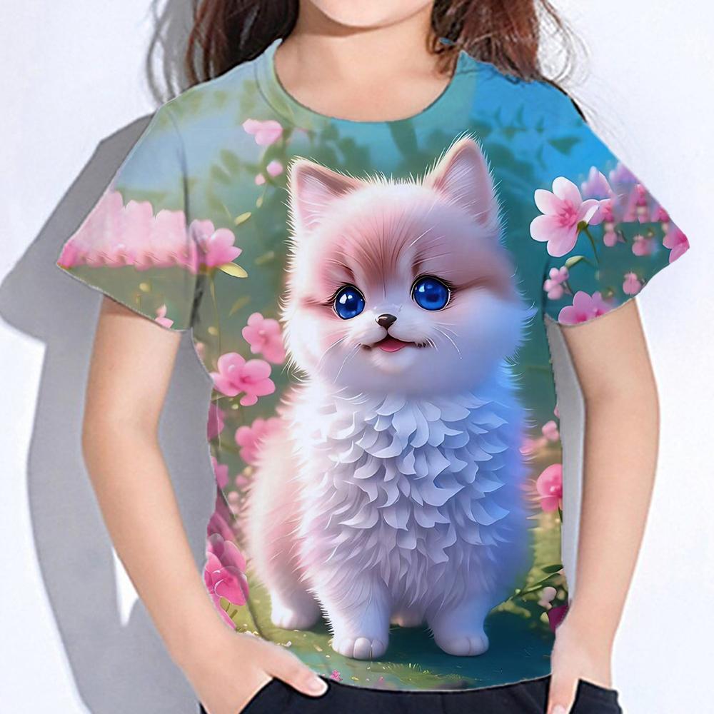 2025 Детская одежда Блузка для девочек Kawaii Cat Girl Футболка с коротким рукавом с принтом Одежда для мальчиков Футболка из полиэстера для девочек Детская футболка