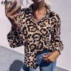 Women's Fashion Casual Leopard Print Long Sleeve POLO Neck Blouses & Shirts