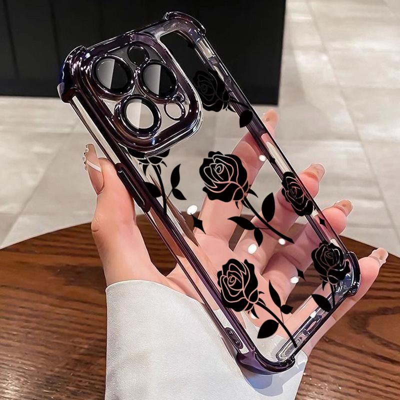 Новый Прозрачный Чехол-Бампер с Покрытием Черной Розой Anti-Knock для iPhone 15 16 Pro Max 17 Air 11 12 13 14 Plus 15promax