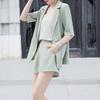 Women 3 Piece Blazer Outfit Short Sleeve Open Front Blazer Sleeveless Tank Top Shorts Set One Button Suit Jacket Business Set