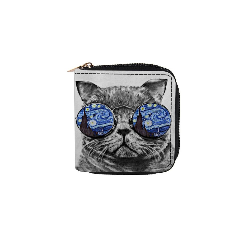 Cartoon Glasses Cat Short Zipper Small Wallet, Card Bag Wallet