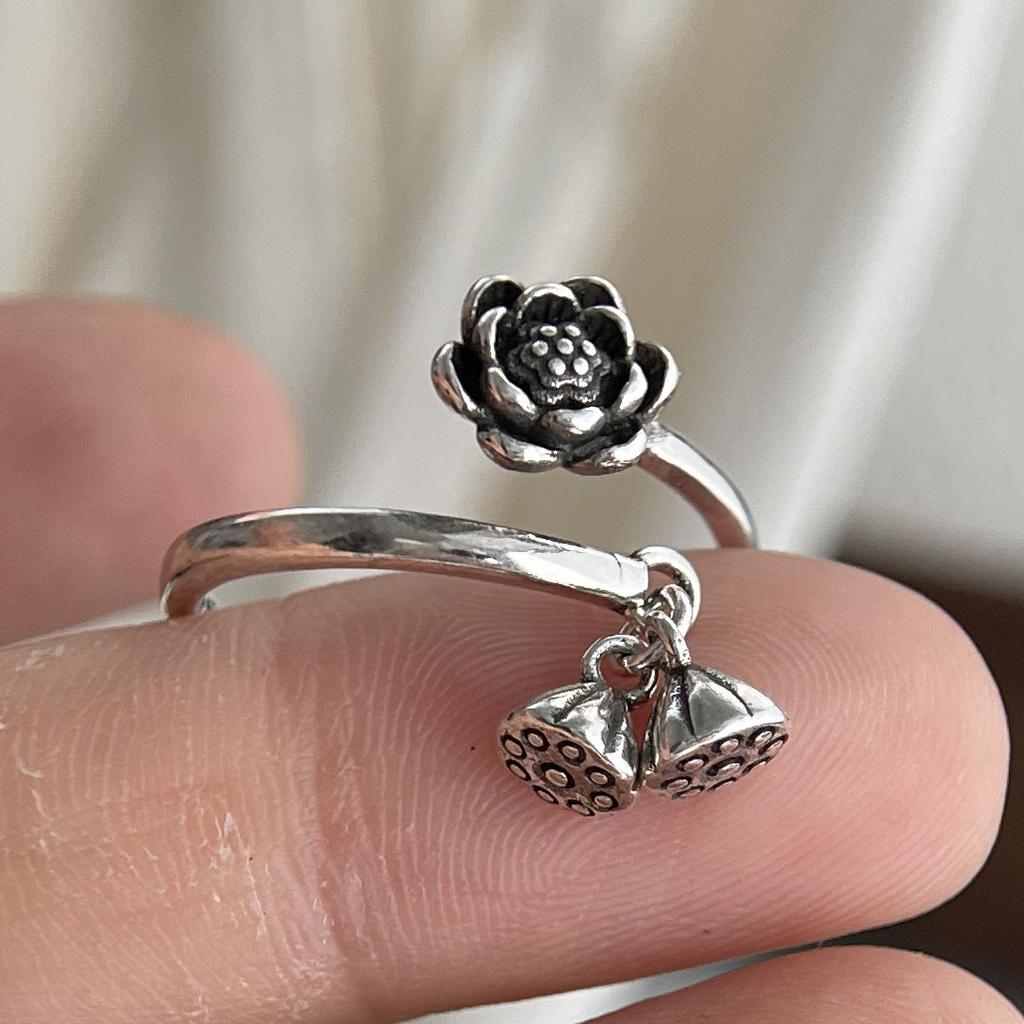 925 Sterling Silver Rings for Women Couple Minimalist Handmade Simple Wide Flower Retro Ring Fine Jewelry Gift Prevent Allergy