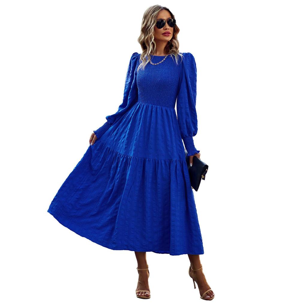 Женщины с круглым вырезом и пышными рукавами, сплошное цветное платье миди с высокой талией и темпераментом