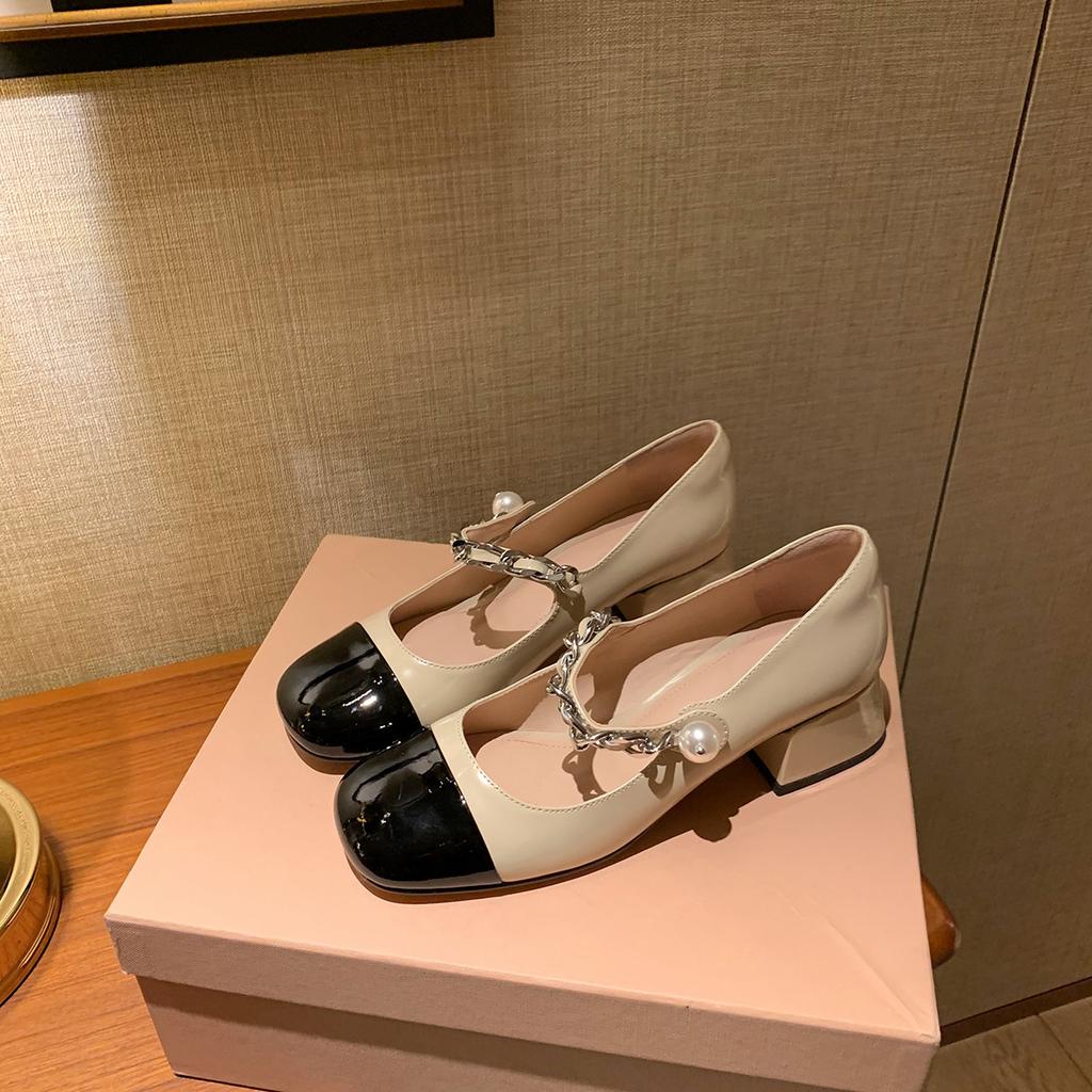 Grape mother same style round head color matching one-word buckle pearl chain French high-heeled Mary Jane single shoes women