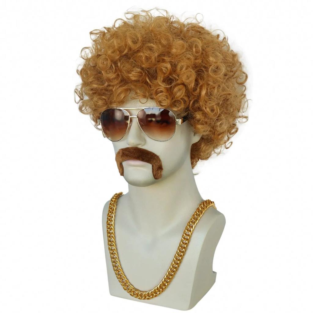 1 ожерелье + 1 очки + 1 шапочка для парика + 1 борода + синтетические короткие афро вьющиеся черные коричневые 80-е 70-е годы диско-рок мужской парик для косплея на Хэллоуин