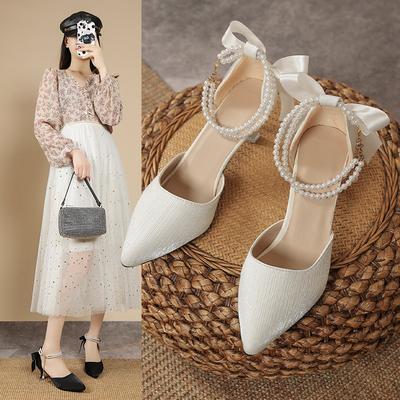 Босоножки Баотоу женские новые в иностранном стиле с бантом на высоком каблуке с ремешком на щиколотке и полым острым носком, темпераментные женские сандалии