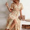 Women Summer Floral Holiday Dress V Neck Short Sleeve Mid Calf