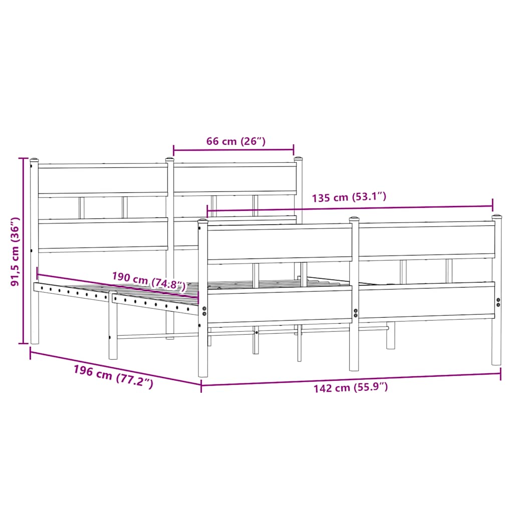 Metal Bed Frame without Mattress Sonoma Oak Finish 135 x 190 cm