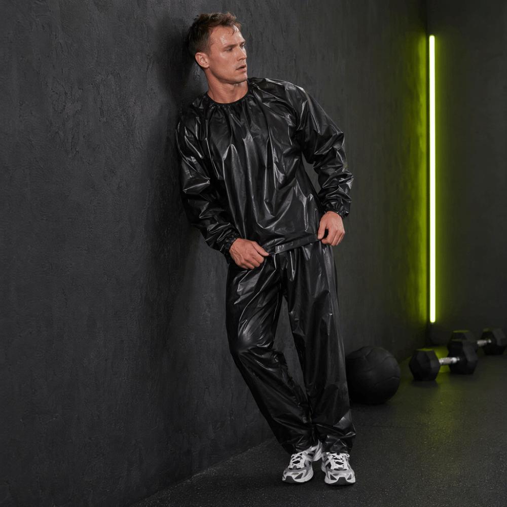 Black Sauna Suit PVC Training Outfit Lightweight Sweat Suit  Cycling