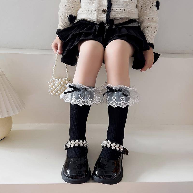 Lolita Princess White Lace Socks Children Spring Autumn Cotton Socks Korean Girl Bow Long Socks Solid Color Kids Knit Stockings