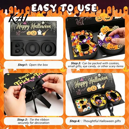 Tabletop Festive Decor Happy Halloween Candy Gift Box, BOO Letter Shaped Treat Container with Decorative Storage for Festivals Ribbon, Reusable Paper
