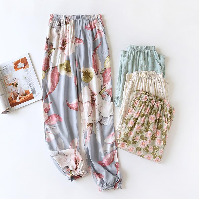 Женские летние вискозные брюки для сна - Тонкая хлопковая марля, Манжеты, Защита от комаров, Многоцветные пляжные брюки и брюки для кондиционера